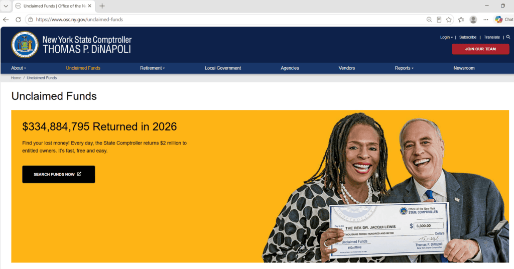 Unclaimed money in New York website