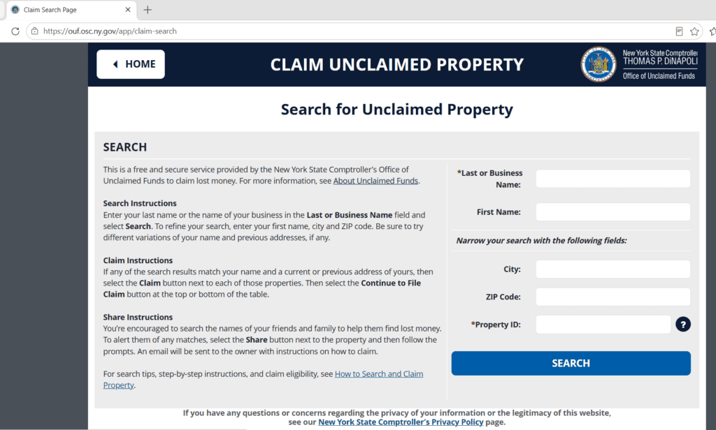 Search screen for New York unclaimed money