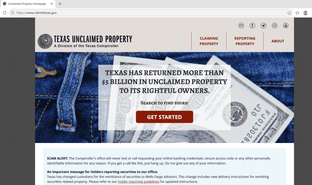 Texas unclaimed property site