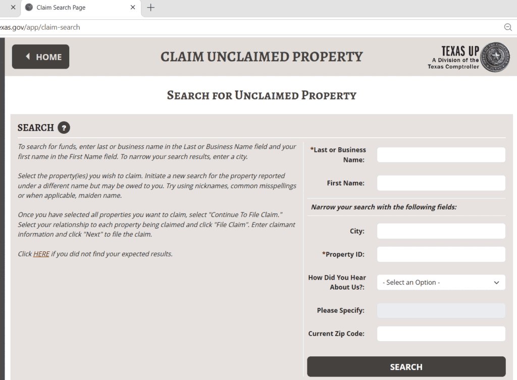 Texas unclaimed money search form