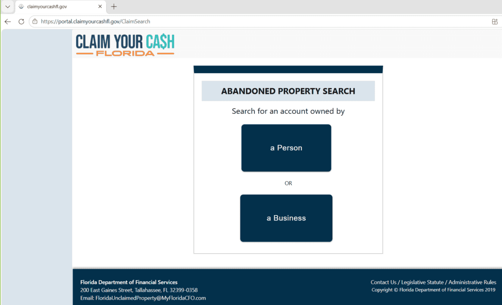 Florida abandoned property search first screen